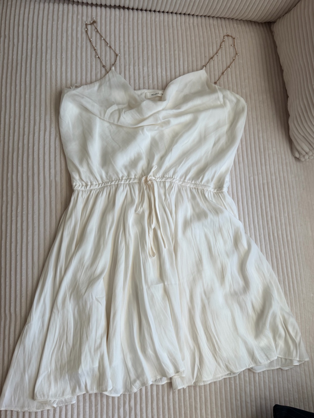 Mustard Seed White Pearl Chain Strap Cold Shoulder Maxi Dress L Bridal